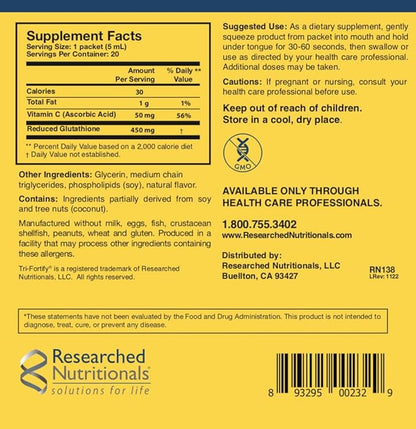Researched Nutritionals Liposomal Glutathione (450mg) Liquid Gel + Vitamin C - Tri-Fortify - Aid Natural Energy, Immune Support & Detox - Clinically Researched for Absorption, Orange (20 Packets)
