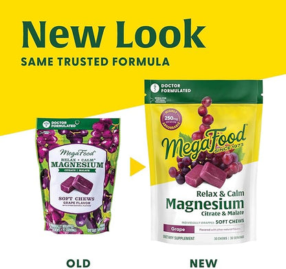 MegaFood Relax + Calm Magnesium Supplement - Soft Chews with Magnesium Citrate & Malate for Heart Health, Muscle Tension & More - Vegetarian - Grape-Flavor - 60 Chews (30 Servings)