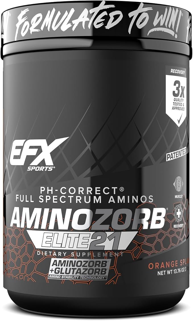 EFX Sports Aminozorb Elite 21 | PH-Correct, Full Spectrum Aminos + Glutamine | Essential & Non Essential Aminos | Zero Sugars | 30 Servings (Orange Splash)