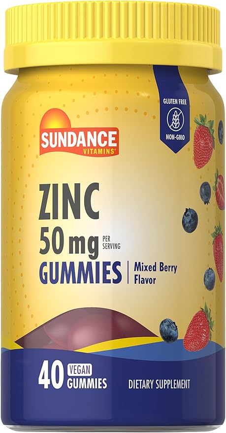 Sundance Zinc Gummies for Adults | 50mg | Mixed Berry Flavor | Vegan, Non-GMO and Gluten Free Supplement