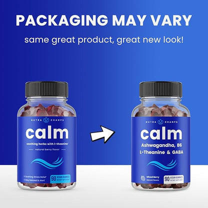 NutraChamps Calm Gummies, Stress Gummies Supplement with Ashwagandha, L-Theanine, GABA, Vitamin B6 & Lemon Balm, Supports Mood, Focus & Stress Relief, Natural Berry, 90 Gummies