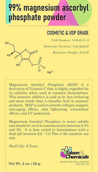 Magnesium Ascorbyl Phosphate Powder, Magnesium Ascorbyl Phosphate Stable Vitamin C, Magnesium Ascorbyl Phosphate MAP Powder for DIY Skincare Products Talsen Chemicals (4 Ounce / 113 Grams)