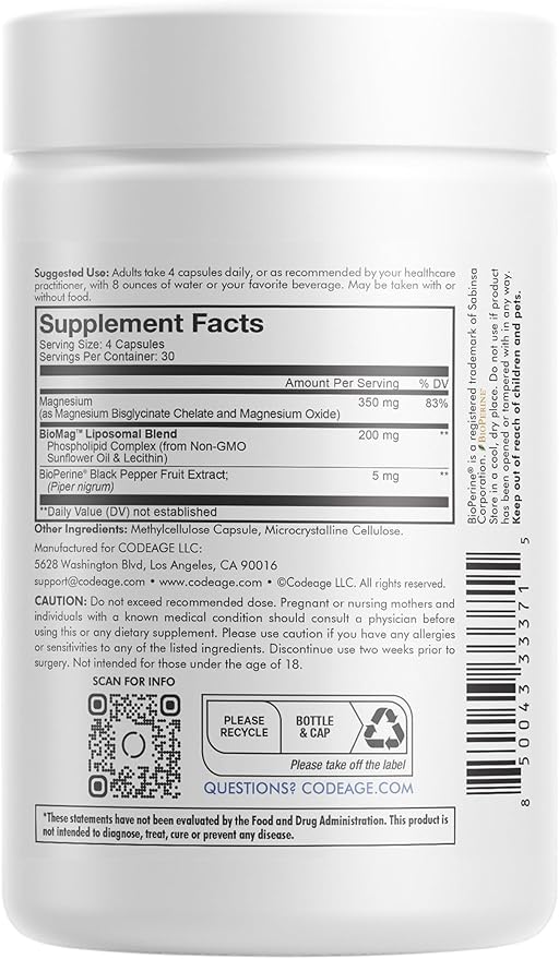 Codeage Liposomal Magnesium Glycinate Supplement - Magnesium Bisglycinate Pills - BioPerine Black Pepper - Liposomal Delivery - Non-GMO, Gluten-Free Mineral - 120 Capsules
