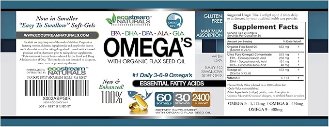 Omega 3-6-9 Blend with DPA, EPA, DHA, ALA and GLA and Organic Flax Seed Oil, Over 2,800 Milligram Strength - Gluten Free - Easy to Swallow - 60 SoftGels
