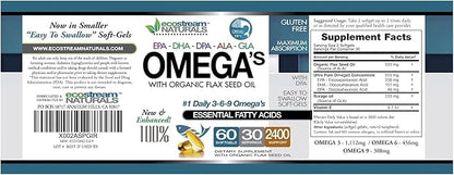 Omega 3-6-9 Blend with DPA, EPA, DHA, ALA and GLA and Organic Flax Seed Oil, Over 2,800 Milligram Strength - Gluten Free - Easy to Swallow - 60 SoftGels