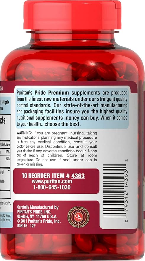 Puritan's Pride Premium Cranberry Fruit Concentrate 84 mg (4200 mg equivalent) with Vitamins C and E, Dietary Supplement for Immune System Support, 4 Month Supply, 250 Rapid Release Softgels