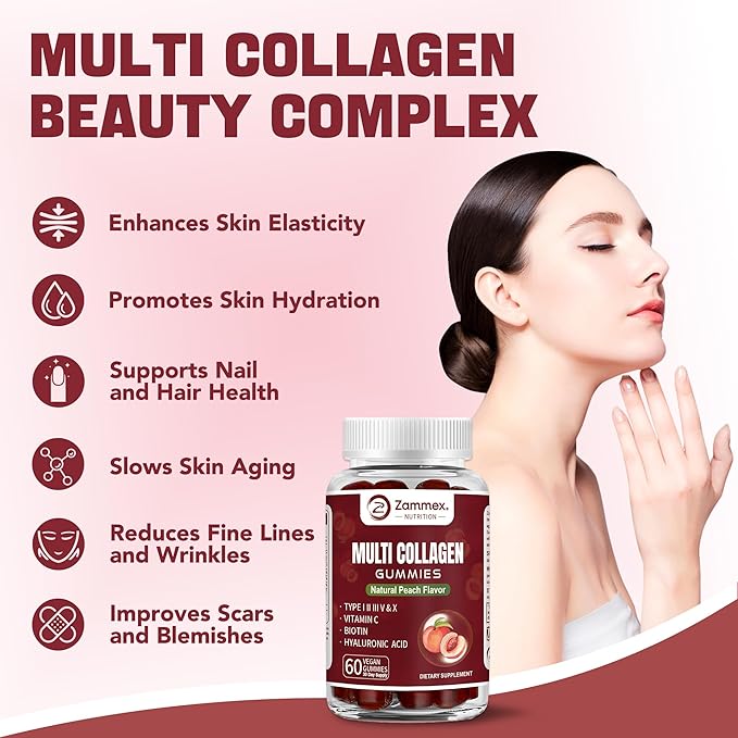 Zammex Multi Collagen Peptides Gummies (Type 1, 2, 3, 5 & 10), 30 Servings, Anti-Aging Collagen Gummy Supplements for Women&Men with Biotin Vitamin C, Hyaluronic Acid, Peach Flavor