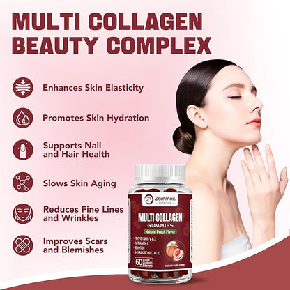 Zammex Multi Collagen Peptides Gummies (Type 1, 2, 3, 5 & 10), 30 Servings, Anti-Aging Collagen Gummy Supplements for Women&Men with Biotin Vitamin C, Hyaluronic Acid, Peach Flavor