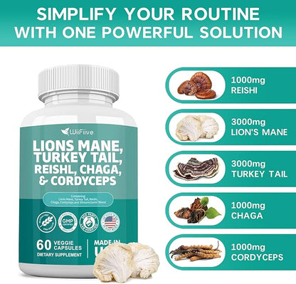 Lions Mane 3000mg Turkey Tail 3000mg Reishl 1000mg Chaga 1000mg Cordyceps Powder Extract Containing Maitaake Shiitake Black Fungus,Brain Supplement, Mineral Supplements, 60 Capsules
