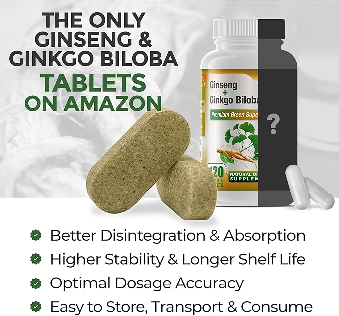 Ginko Biloba & Panax Ginseng Supplement - Red Ginseng Brain Supplement for Memory and Focus - Ginkgo Biloba Supplements for Good Vision, Immune System and Improved Blood Flow - 120 Tablets
