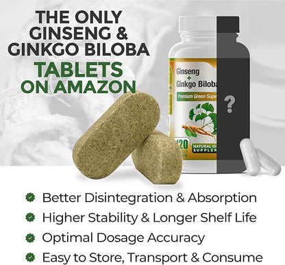 Ginko Biloba & Panax Ginseng Supplement - Red Ginseng Brain Supplement for Memory and Focus - Ginkgo Biloba Supplements for Good Vision, Immune System and Improved Blood Flow - 120 Tablets