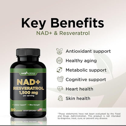 Gade Nutrition NAD Supplement with Resveratrol | Nicotinamide Plus in Capsules Made in USA | Antioxidant Healthy Aging Supplement