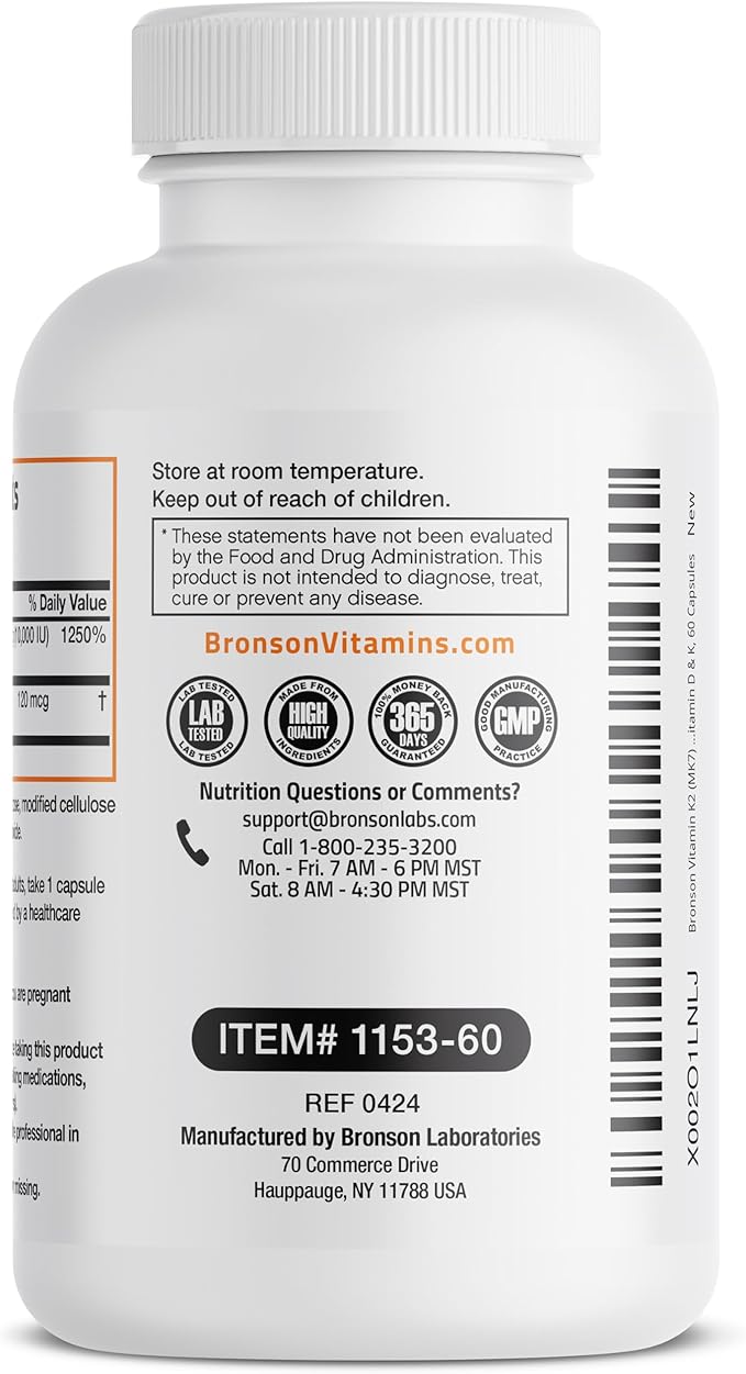 Bronson Vitamin K2 (MK7) with D3 Extra Strength Supplement Bone Health Non-GMO Formula 10,000 IU & 120 mcg MK-7 Easy to Swallow D K, 60 Capsules