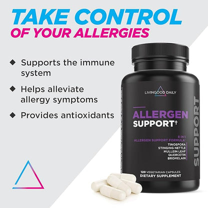 Livingood Daily Allergen Support, 120 Vegetarian Capsules - Supports Natural Allergy Relief with Vitamin C, Quercetin, Nettle Leaf, Zinc, & Tinospora - Non-GMO & Vegan Natural Antihistamine Supplement