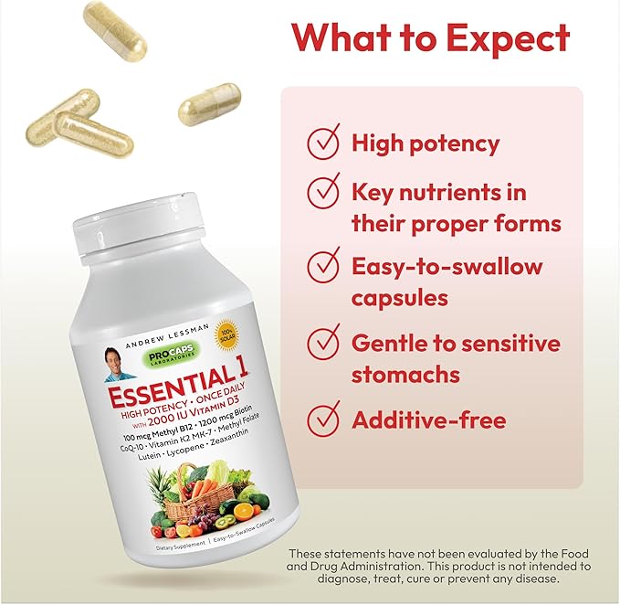 ANDREW LESSMAN Essential-1 Multivitamin 2000 IU Vitamin D3 30 Small Capsules - 100 mcg Methyl B12. CoQ10 Lutein Lycopene Zeaxanthin. High Potency. No Additives. Ultra-Mild. One Daily Capsule