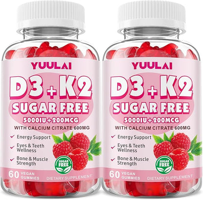 Pack of 2 Vitamin D3 K2 Gummies, D3 Vitamin 5,000 IU + K2 200mcg - Vegan K2 D3 Vitamin Supplement, Highly Absorbent Supports Bone, Muscle, Immune, Raspberry, 120 Count