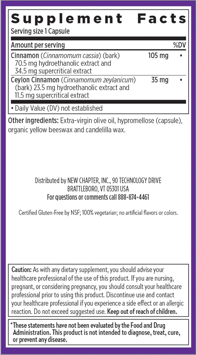 New Chapter Cinnamon Supplement - Cinnamon Force for Antioxidant Action + Non-GMO Ingredients - 30 ct Vegetarian Capsules