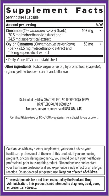 New Chapter Cinnamon Supplement - Cinnamon Force for Antioxidant Action + Non-GMO Ingredients - 30 ct Vegetarian Capsules