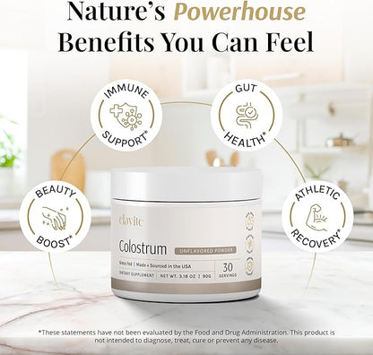 Bovine Colostrum Powder (Unflavored) Grass Fed Colostrum Supplement for Gut Health, Immune Support Healthy Hair, Skin & Nails - 30 Servings