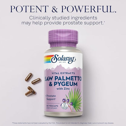 SOLARAY Saw Palmetto and Pygeum - Saw Palmetto for Men and Pygeum Bark - with Zinc, Vitamin B6, Pumpkin Seed and Amino Acids - Prostate Supplements for Men w/Beta Sitosterol (60 VegCaps)