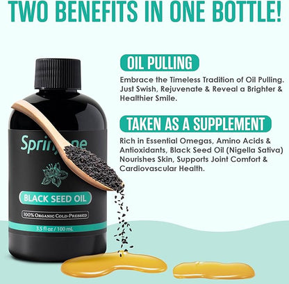 SprinJene Natural® 100% Pure Organic Black Seed Oil Cold Pressed for Oral Wellness, Nigella Sativa Black Seed Oil, Black Cumin Seed Oil Organic, Omega 3 6 9, Nourishes Skin, Supports Joint, 3.5 fl oz