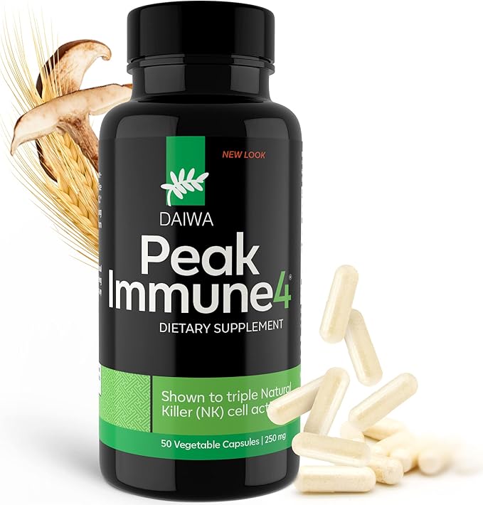 Daiwa PeakImmune4 - Natural Immune Support Supplement with RBAC Rice Bran and Mycelia Extract from Shiitake Mushrooms - Regular Strength