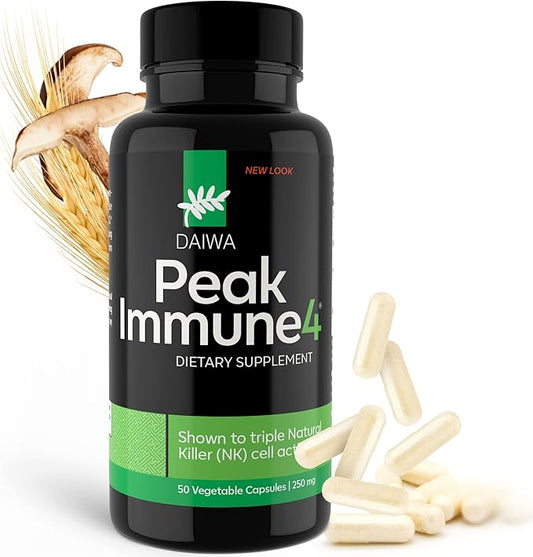 Daiwa PeakImmune4 - Natural Immune Support Supplement with RBAC Rice Bran and Mycelia Extract from Shiitake Mushrooms - Regular Strength