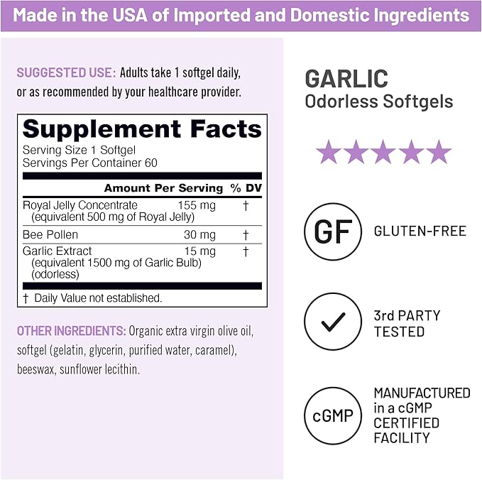 NatureWise Odorless Garlic Pills 1500 mg - with Royal Bee Jelly & Pollen - Herbal Supplement for Heart Health + Immune System + Antioxidants - Gluten-Free, Non-GMO - 60 Softgels [2-Month Supply]