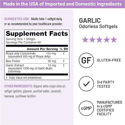 NatureWise Odorless Garlic Pills 1500 mg - with Royal Bee Jelly & Pollen - Herbal Supplement for Heart Health + Immune System + Antioxidants - Gluten-Free, Non-GMO - 60 Softgels [2-Month Supply]
