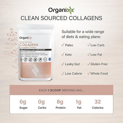 Organixx Collagen Peptides Powder with Vitamin C, Types I, II, III, V, X Hydrolyzed Collagen, Hair, Nail, Skin, Bone & Joint Health, Aging Support, Clean Sourced, Gluten Free, Unflavored, 20 Servings