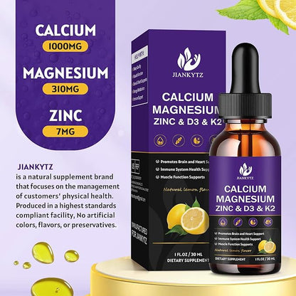 Calcium Magnesium Zinc 1300mg with Magnesium Glycinate, Vitamin C D3 K2 B6 and Sea Moss | Calcium Supplement Calcium with Vitamin D3 K2 Liquid Drop | Gluten Free | 2 Pack