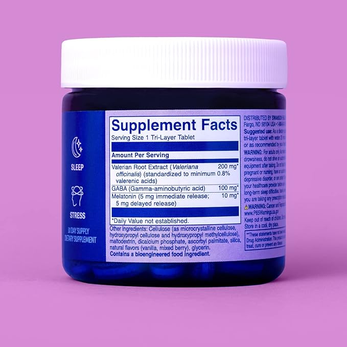 Swanson WIO Calm Sleep Waves Calmly Fall Asleep, Less Stress, Wellness with Melatonin, Valerian Root, GABA, Gluten Free, Vegan - 4 oz Bottle, 30 Tri-Layer Tablets (30-Day Supply)
