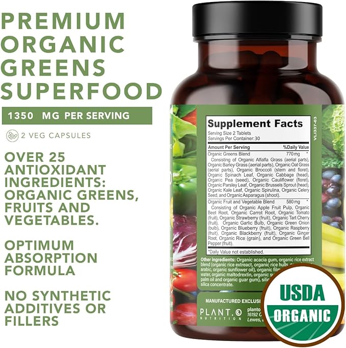 Plant.O Organic Super Greens [Fruit & Veggie Supplement] High Absorption Antioxidants from Green Powder with Alfalfa, Beet Root, Tart Cherry for Immune Support, Gut Health, Energy, 60 Veggie Tablets
