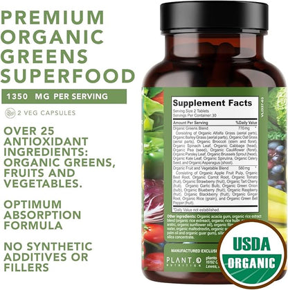 Plant.O Organic Super Greens [Fruit & Veggie Supplement] High Absorption Antioxidants from Green Powder with Alfalfa, Beet Root, Tart Cherry for Immune Support, Gut Health, Energy, 60 Veggie Tablets