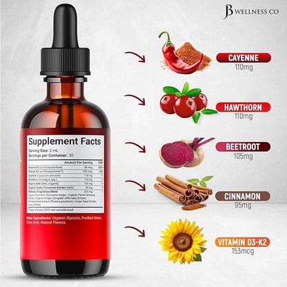 Cayenne Pepper Supplement Liquid Drops + Hawthorn Berry, Vitamin D3 K2 Beet Root Powder, Ceylon Cinnamon, Turmeric Curcumin, Organic Panax Ginseng - 2oz