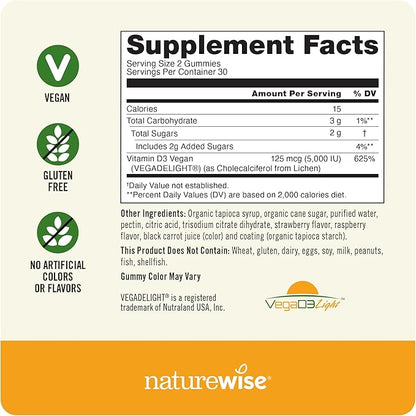 NatureWise Vitamin D3 5000 IU Gummies - Mixed Berry Flavor - Vegan D from Lichen, Pectin Based, Immune Support for Adults, Muscle & Bone Strength - Gluten Free, Non-GMO - 60 Count[1-Month Supply]