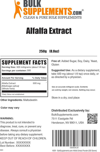 BulkSupplements.com Alfalfa Extract Powder - Alfalfa Supplement, Green Superfood Powder - Vegan & Gluten Free, Green Supplements - 500mg per Serving, 250g (8.8 oz) (Pack of 1)