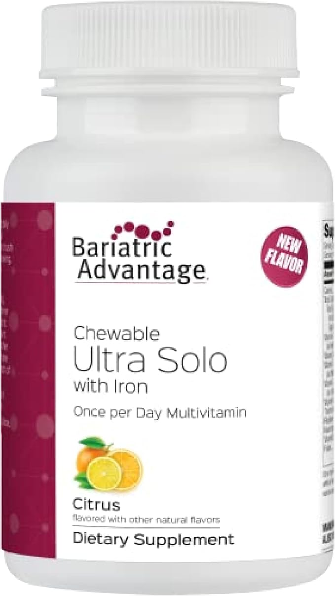 Bariatric Advantage Chewable Ultra Solo with Iron Daily Multivitamin for Gastric Bypass Surgery and Sleeve Gastrectomy Patients, Includes Vitamin B12, C, D, K, Thiamin and Copper - Citrus, 30 Count