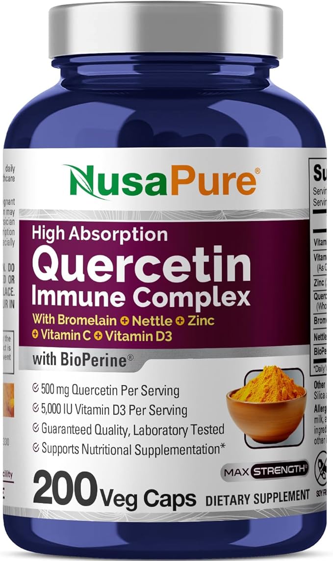 NusaPure Quercetin Complex: Bromelain, Vitamin C, Vitamin D3, Stinging Nettle, Zinc | 200 Veggie Caps (Non-GMO, Bioperine)