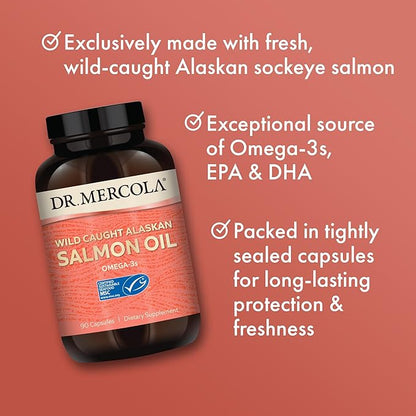 Dr. Mercola Wild Caught Alaskan Salmon Oil, 30 Servings (90 Capsules), Omega-3s, Dietary Supplement, Supports Healthy Brain & Cognitive Function, Non-GMO, MSC Certified