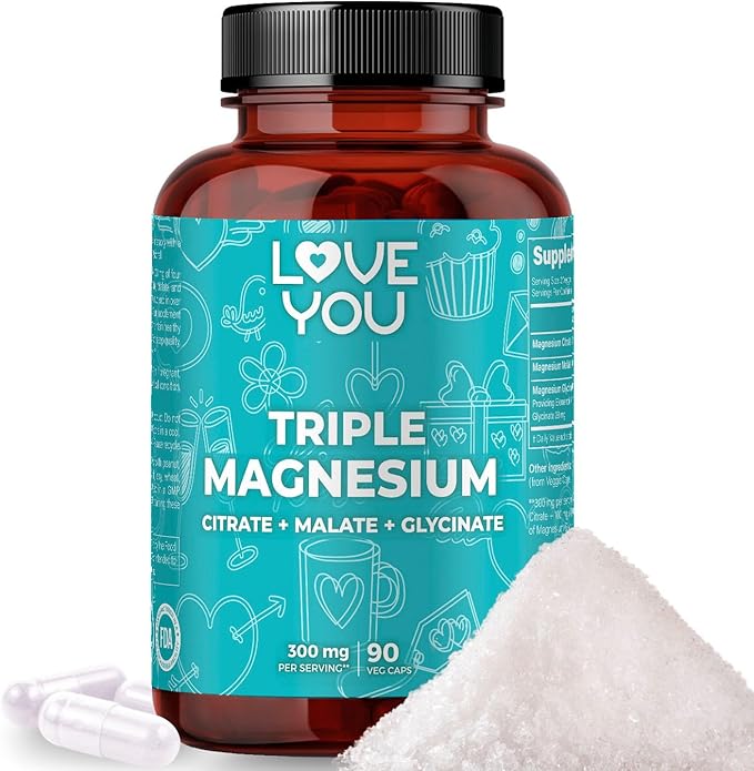 Love You Triple Magnesium for Women Magnesium Glycinate, Magnesium Citrate, and Magnesium Malate, 300 mg per Serving, 90 Veggie Capsules, 100% Vegan, All-Natural