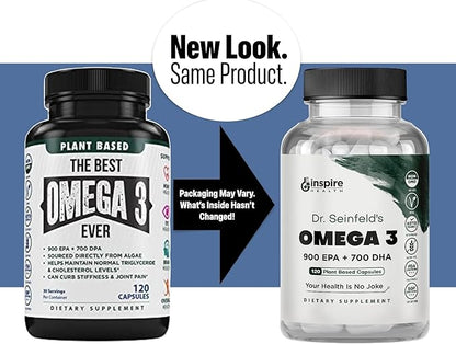 The Very Best Vegan Omega 3 Supplement - 120 Capsules - Algae Omega 3 Vegetarian Supplement - Plant Based Fish Oil Alternative - EPA DHA Supplement - Made in The USA - Heart Stress Relief Dr. Seinfeld