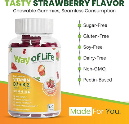 Vitamin D3 5000 IU (125 mcg) + K2 (MK-7) 100 mcg Sugar-Free Gummies, Strawberry - 120 count, Bone and Heart Health for Adults, Muscle Funtion, Pectin, Tasty, Chewy, Non-GMO, Gluten-Free, Gelatin-Free