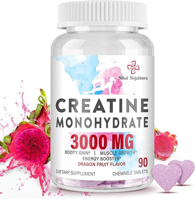 3000 MG Creatine Monohydrate for Women & Men, Creatine Pills with BCAA & Hydrolyzed Collagen Creatine Chews Tablets for Performance & Recovery, Strength, Dragon Fruit Flavor, 90 Tablets