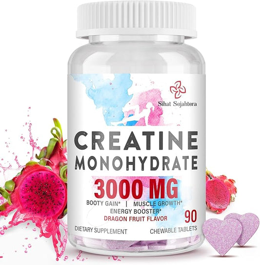 3000 MG Creatine Monohydrate for Women & Men, Creatine Pills with BCAA & Hydrolyzed Collagen Creatine Chews Tablets for Performance & Recovery, Strength, Dragon Fruit Flavor, 90 Tablets