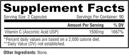 Metabolic Nutrition Vitamin C, 1500mg, Pure Pharma Grade, High Absorption Ascorbic Acid Capsules (180 caps)