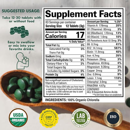 Chlorella Tablets Mega-Pack 1000 Tablets Cracked Cell, Raw, Non-GMO. 100% Pure Chlorella Pyrensoidosa. Green Superfood. High Protein, Chlorophyll & Nucleic acids. No preservatives or fillers - 2-Pack