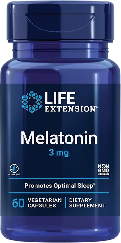 Life Extension Melatonin, 3 mg, Optimal Sleep Support, Healthy circadian Rhythms, Cellular Defense, Gluten-Free, Non-GMO, Vegetarian, 60 Capsules