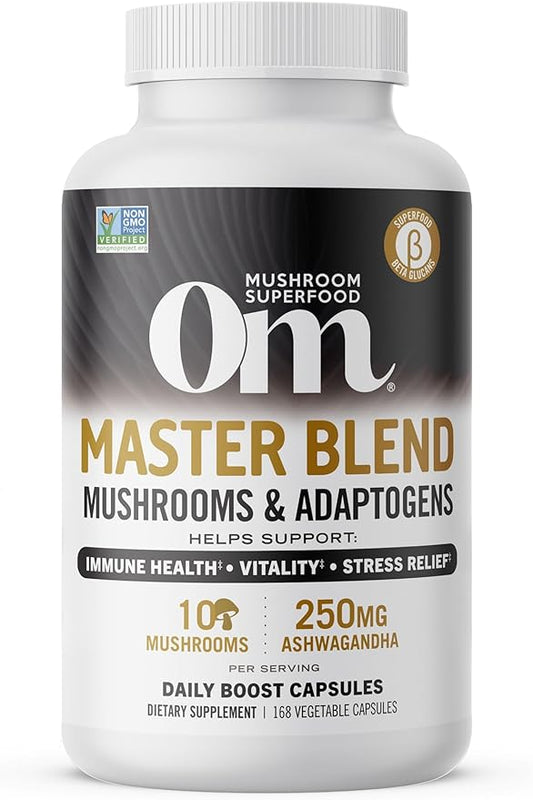 OM MUSHROOM SUPERFOOD Master Blend Mushrooms & Adaptogens Capsules, 168 Count, 56 Servings, 10 Mushroom Complex with Adaptogens for Immune and Stress Relief