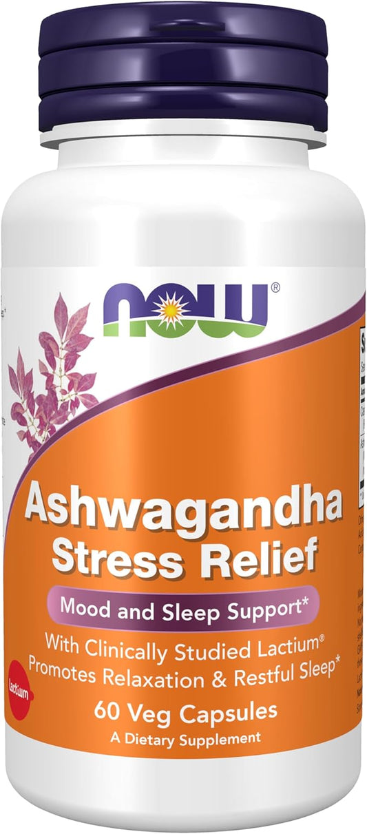 NOW Foods Supplements, Ashwagandha Stress Relief, Mood and Sleep Support*, with clinically Studied Lactium®, Promotes Relaxation and restful Sleep*, 60 Veg Capsules